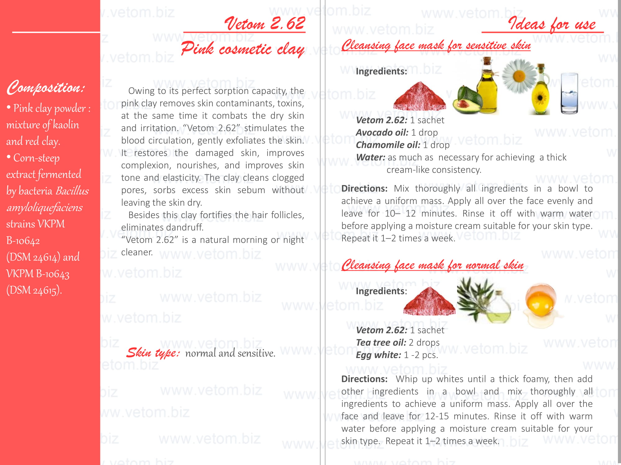 Vetom 2.62 - Pink cosmetic clay for normal and sensitive skin types. Ideas for use: Cleansing face mask for sensitive skin, Cleansing face mask for normal skin.
